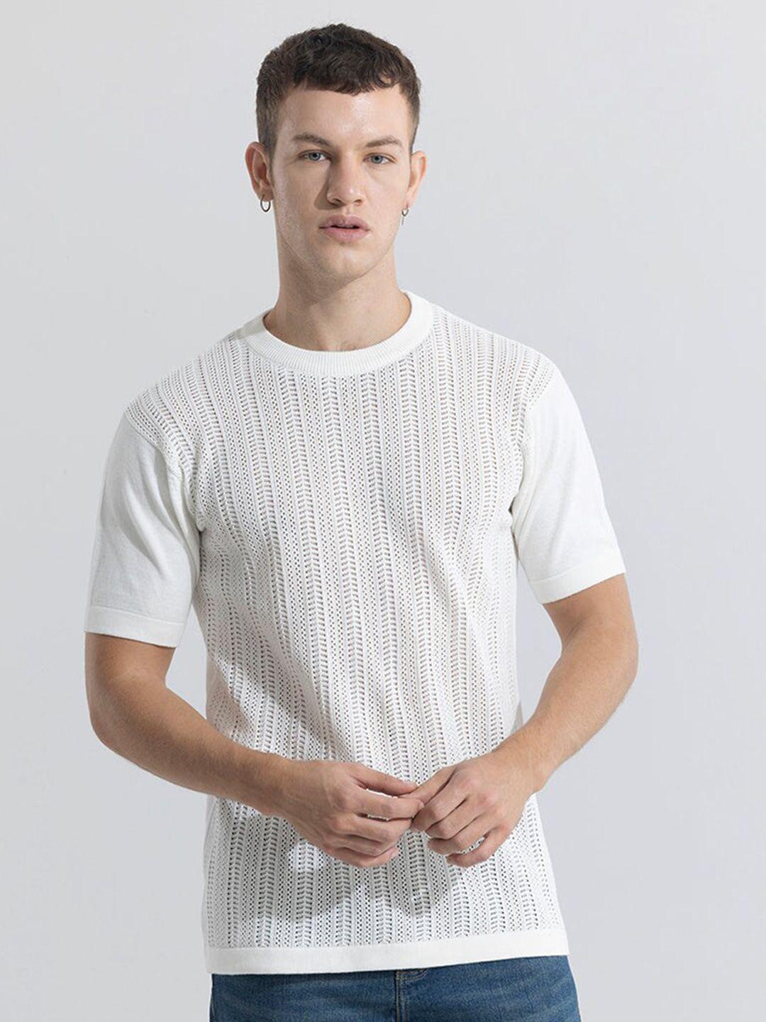 snitch white self design cotton slim fit t-shirt