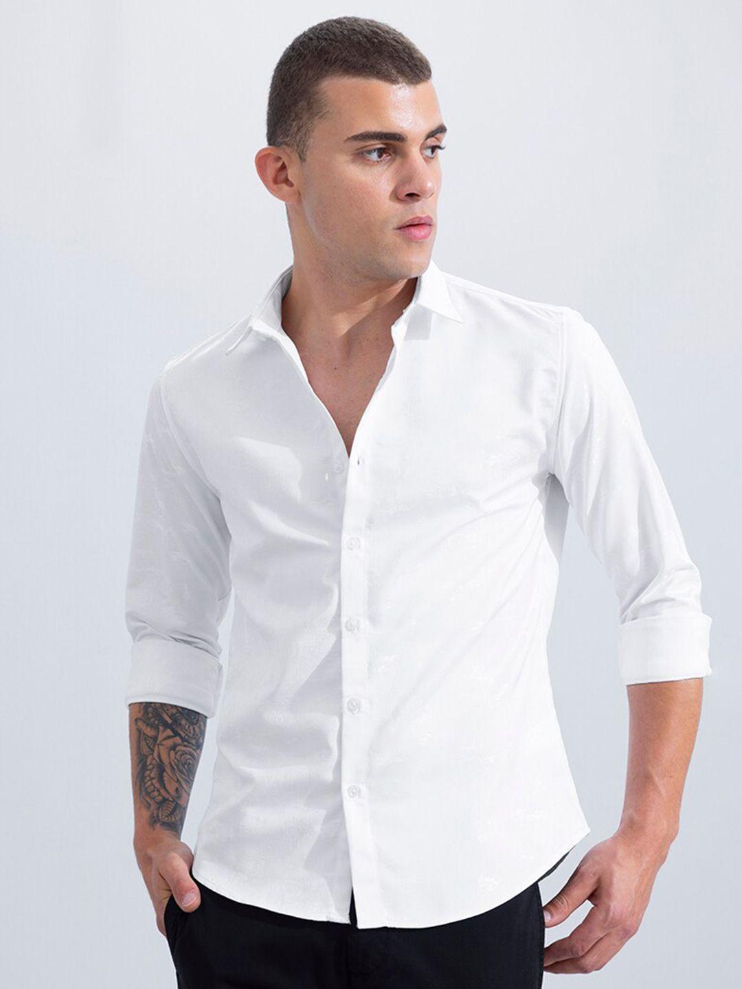 snitch white self design spread collar slim fit casual shirt