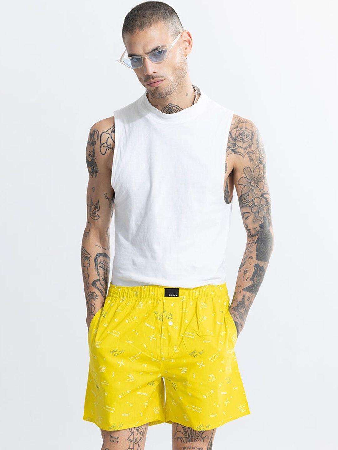 snitch yellow & white printed pure cotton boxers 4msbx9228-02-s