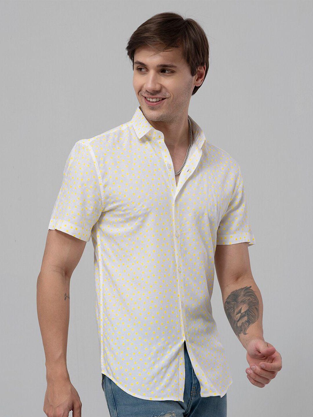snitch yellow and white slim fit polka dots printed casual shirt
