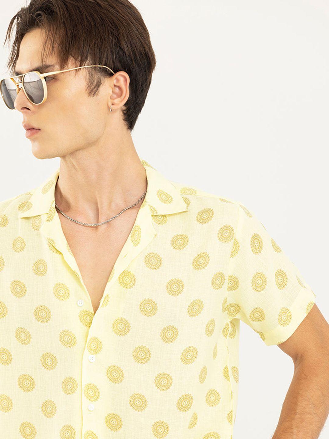 snitch yellow floral printed linen cotton casual shirt