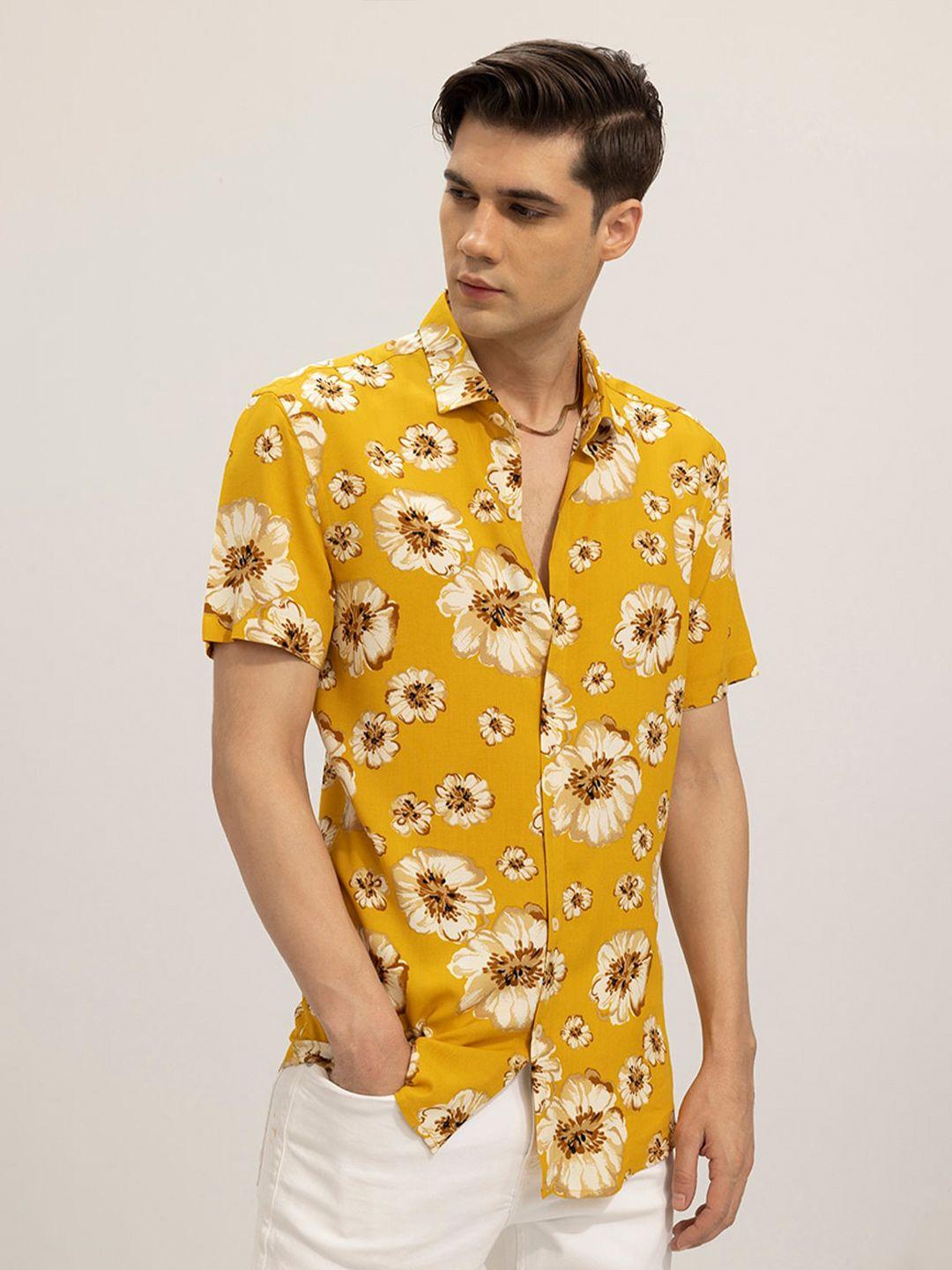 snitch yellow floral printed short sleeves slim fit casual shirt