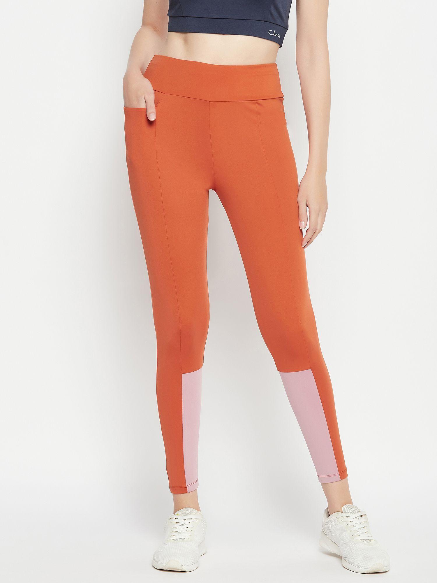 snug-fit high rise colourblocked active tights -orange