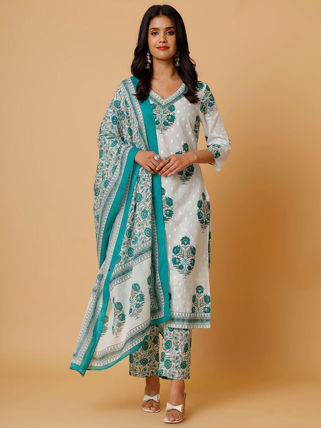 soan ethnic motifs printed pure cotton straight kurta with trouser & dupatta