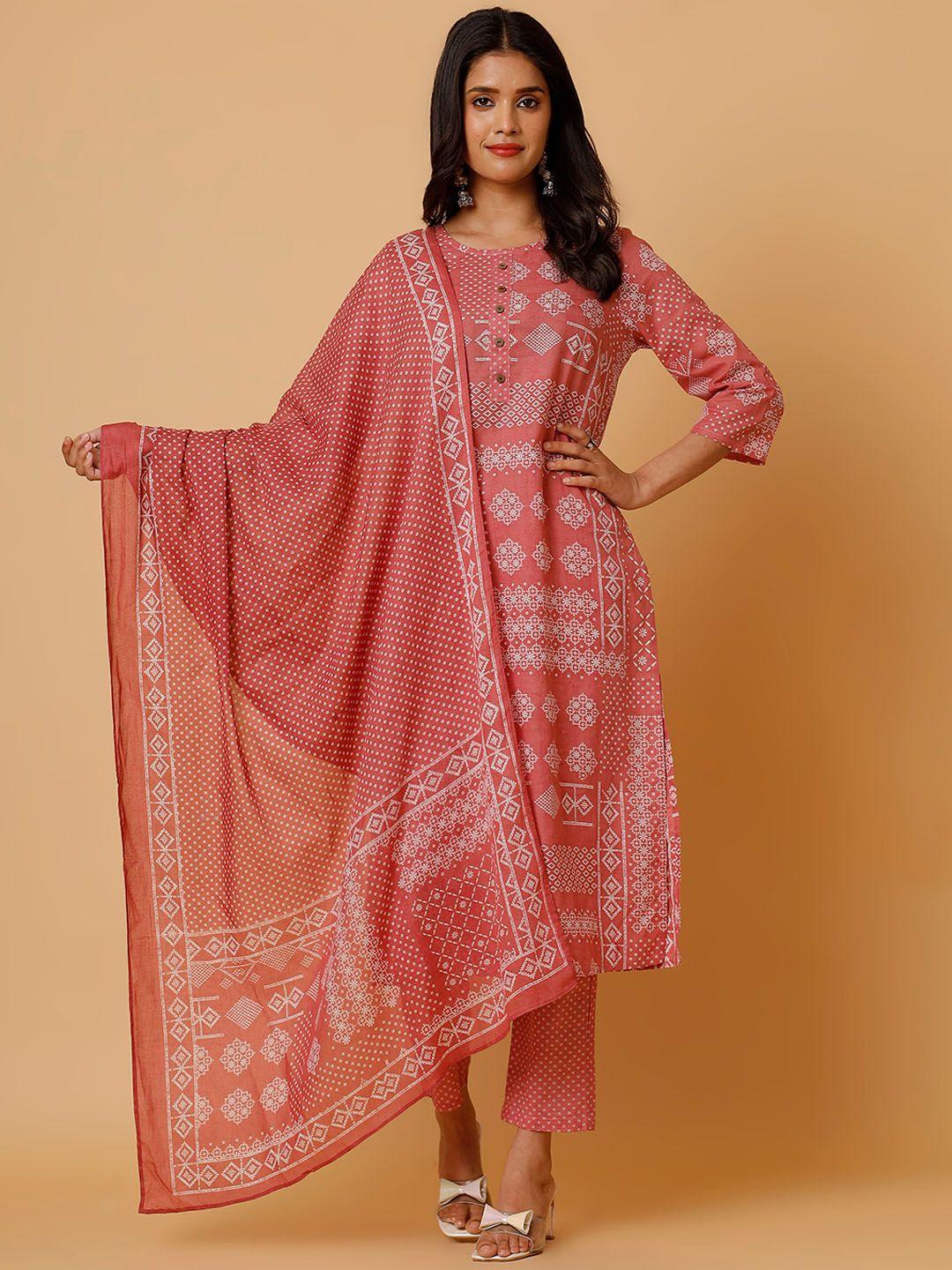 soan ethnic motifs printed pure cotton straight kurta with trousers & dupatta
