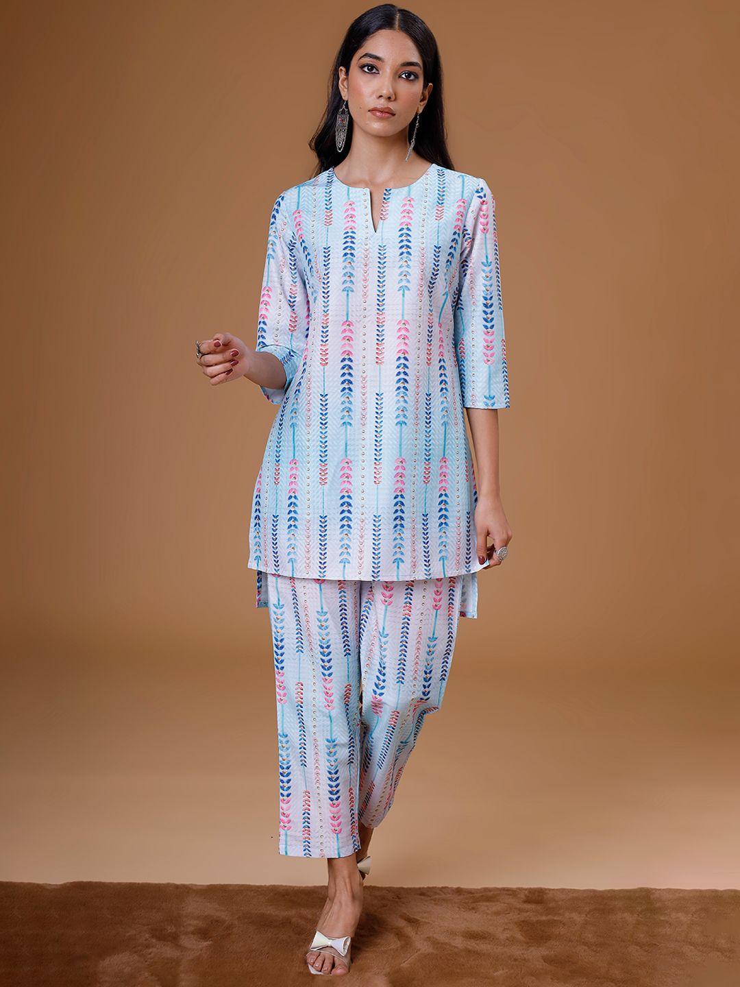 soan women blue floral printed kurta with trousers