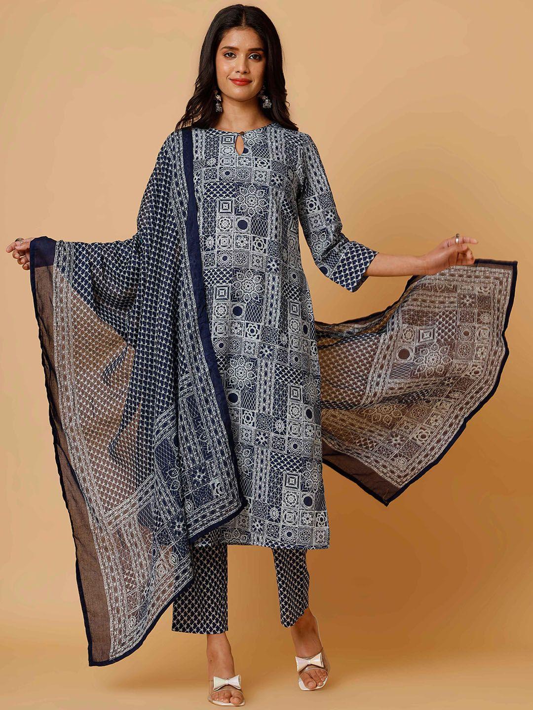 soan ethnic motifs printed keyhole neck pure cotton straight kurta with trousers & dupatta