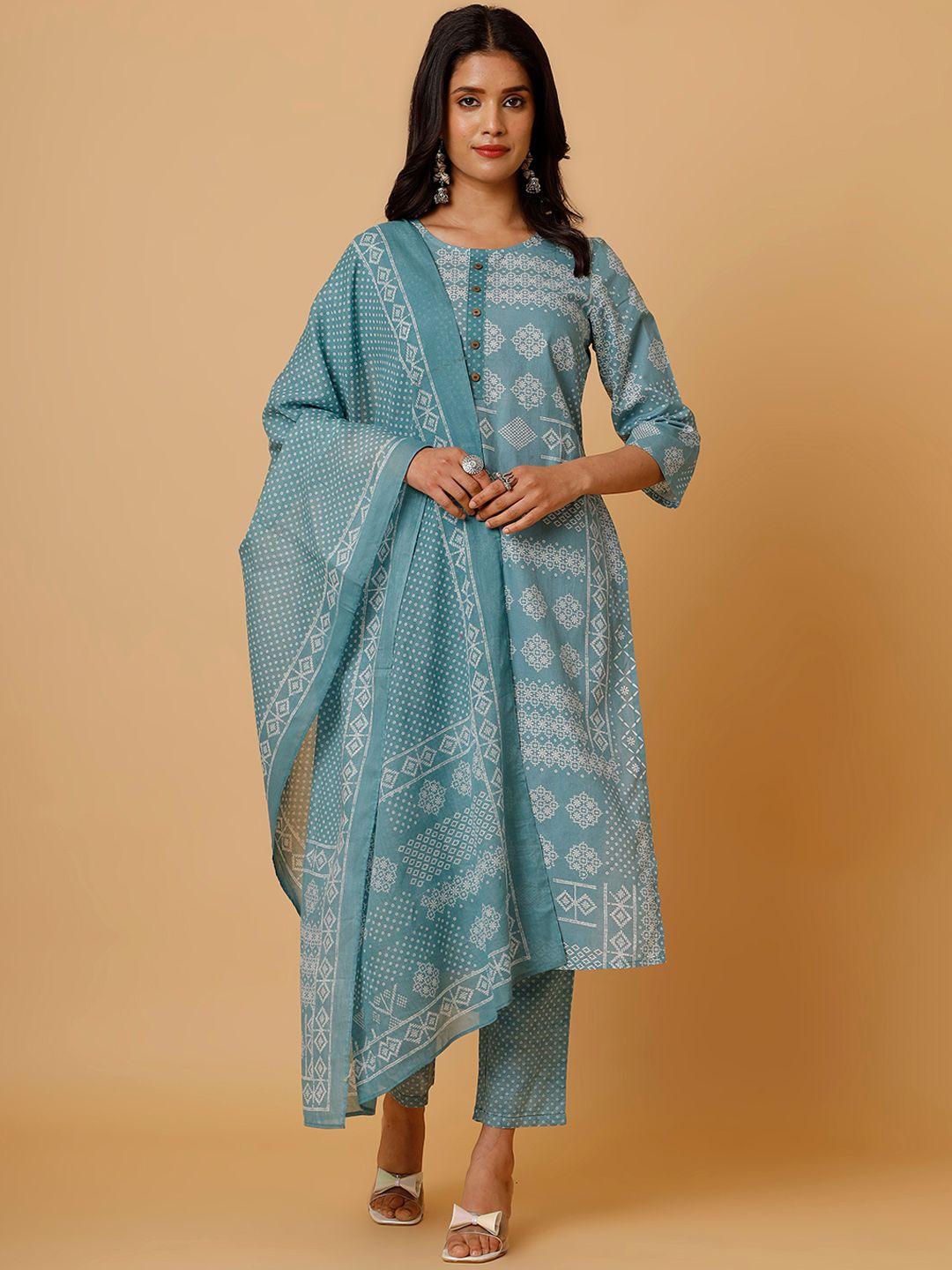 soan ethnic motifs printed pure cotton straight kurta with trousers & dupatta