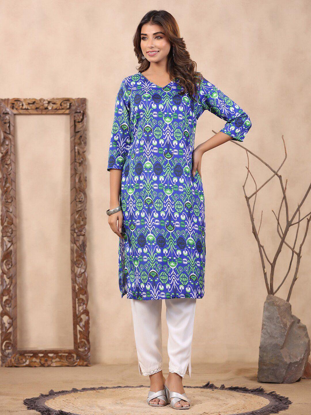 soan ethnic motifs printed v neck knee length straight kurta