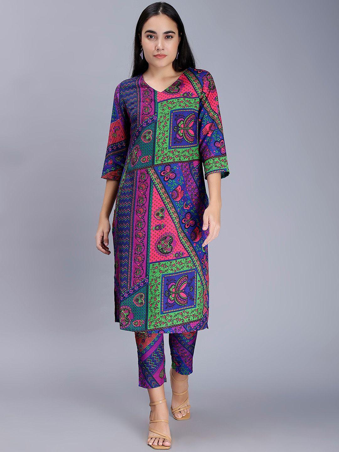 soan ethnic motifs printed v-neck straight kurta with trousers