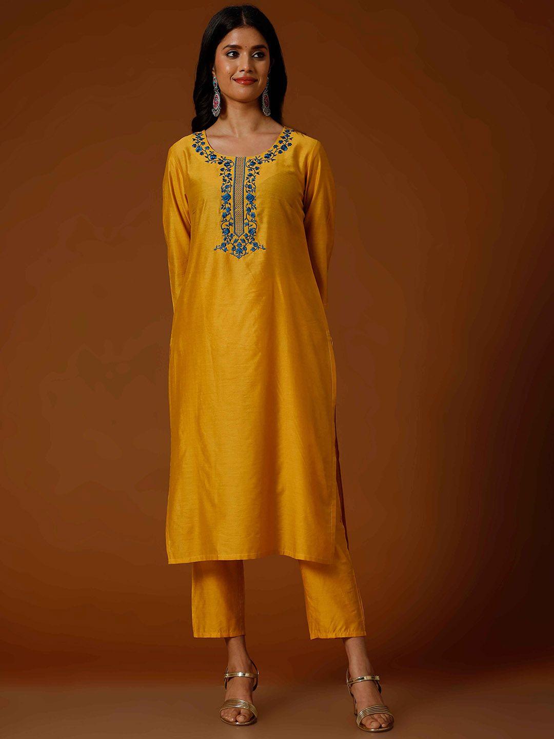 soan floral embroidered round neck straight kurta with trousers & dupatta