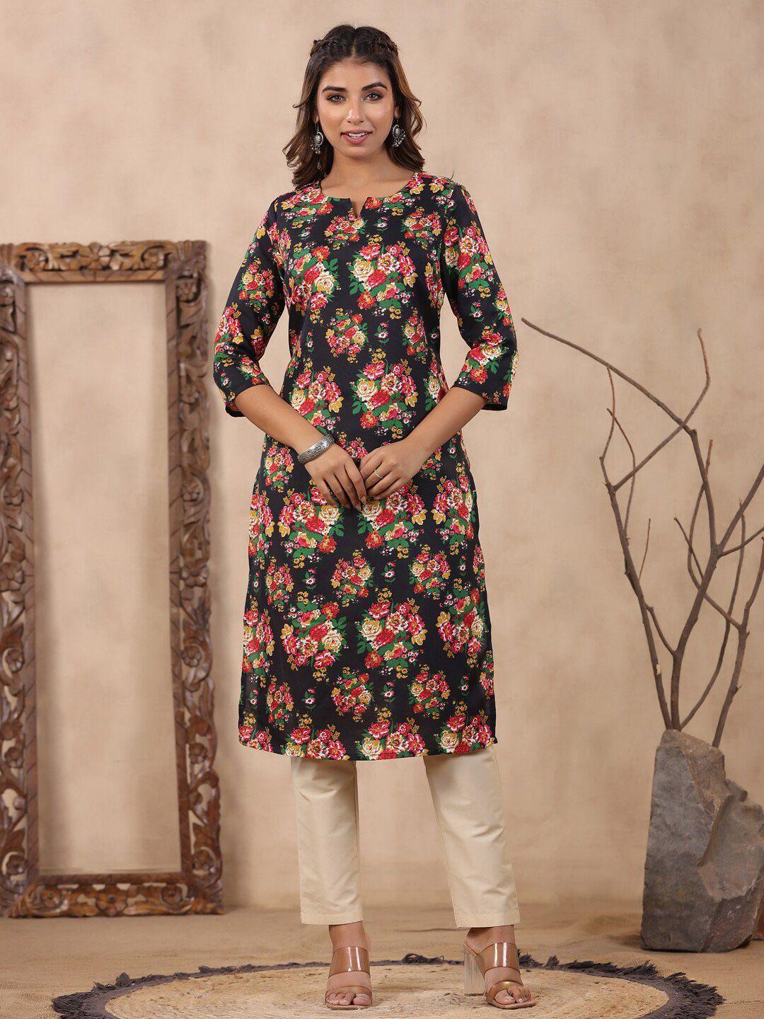 soan floral printed notched neck knee length straight kurta