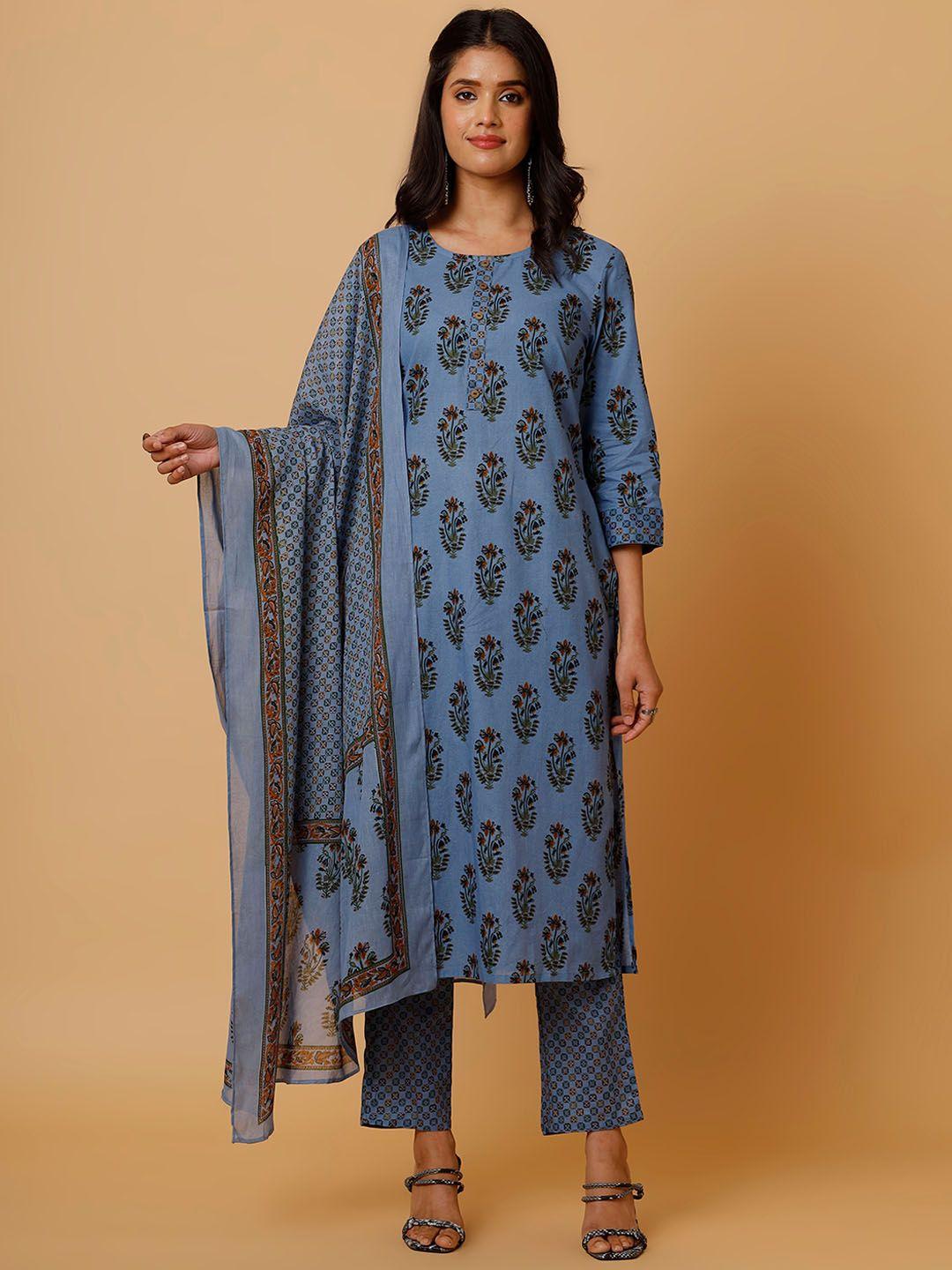 soan floral printed pure cotton straight kurta with trouser & dupatta