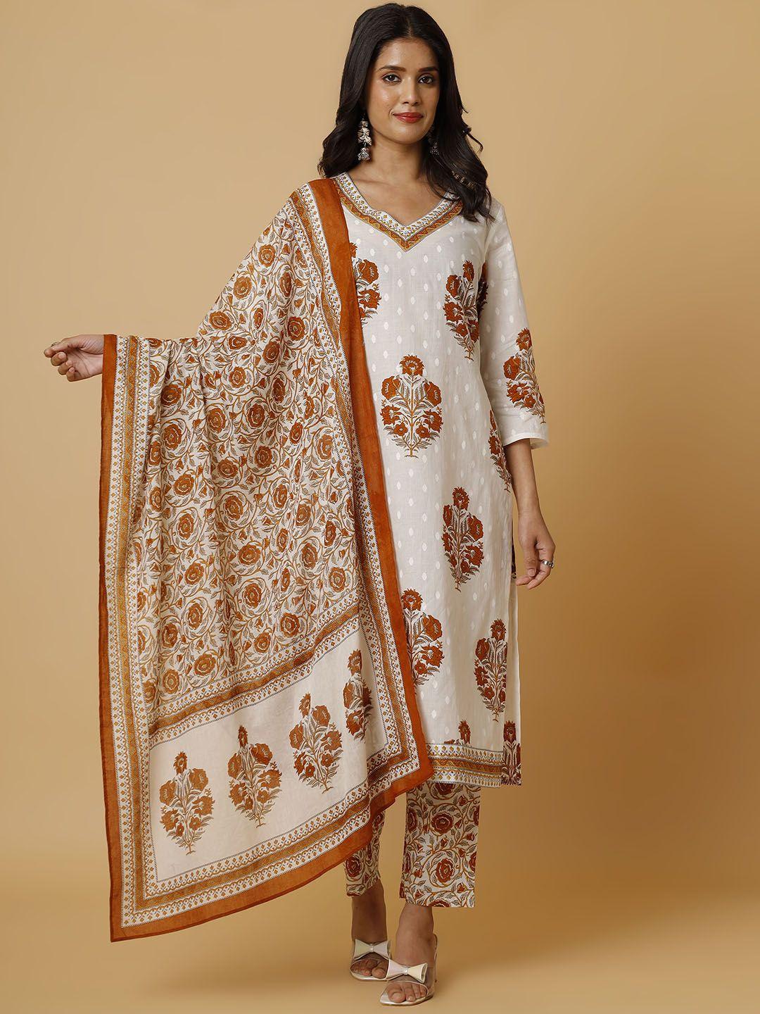 soan floral printed pure cotton straight kurta with trousers & dupatta
