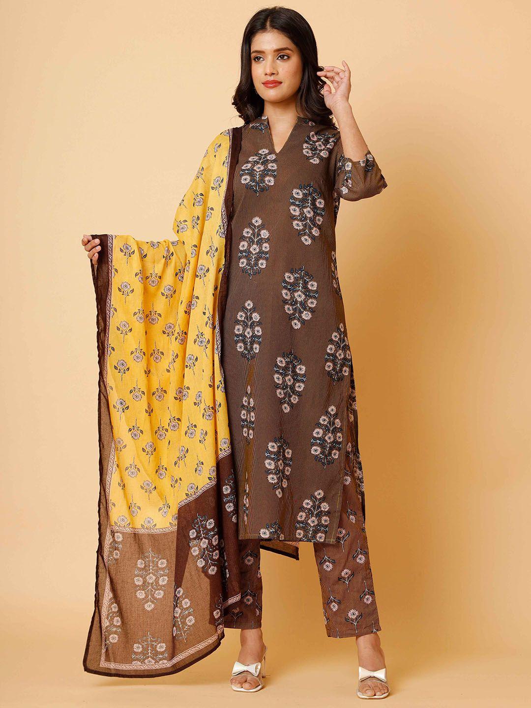 soan floral printed pure cotton straight kurta with trousers & dupatta