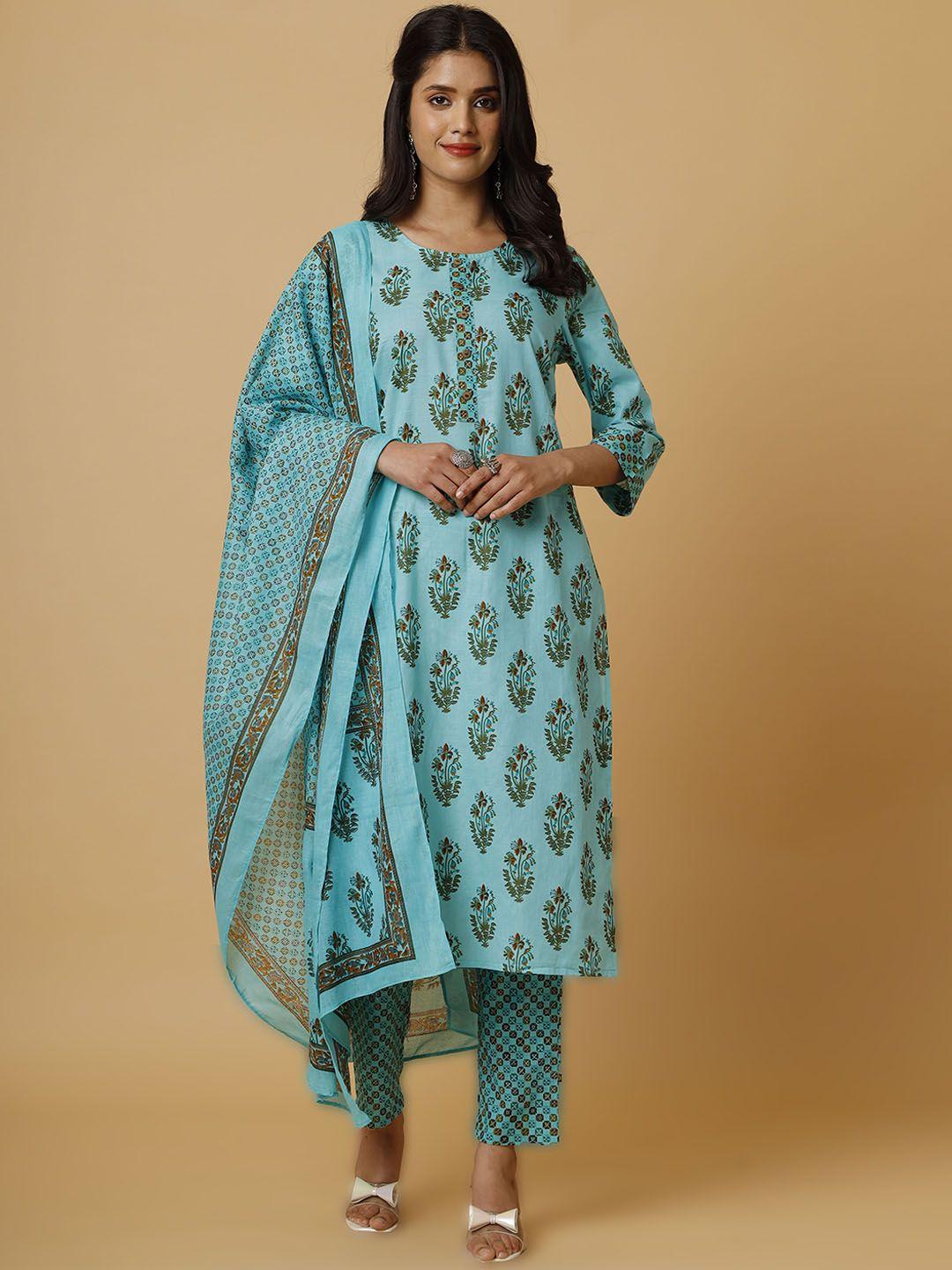 soan floral printed pure cotton straight kurta with trousers & dupatta