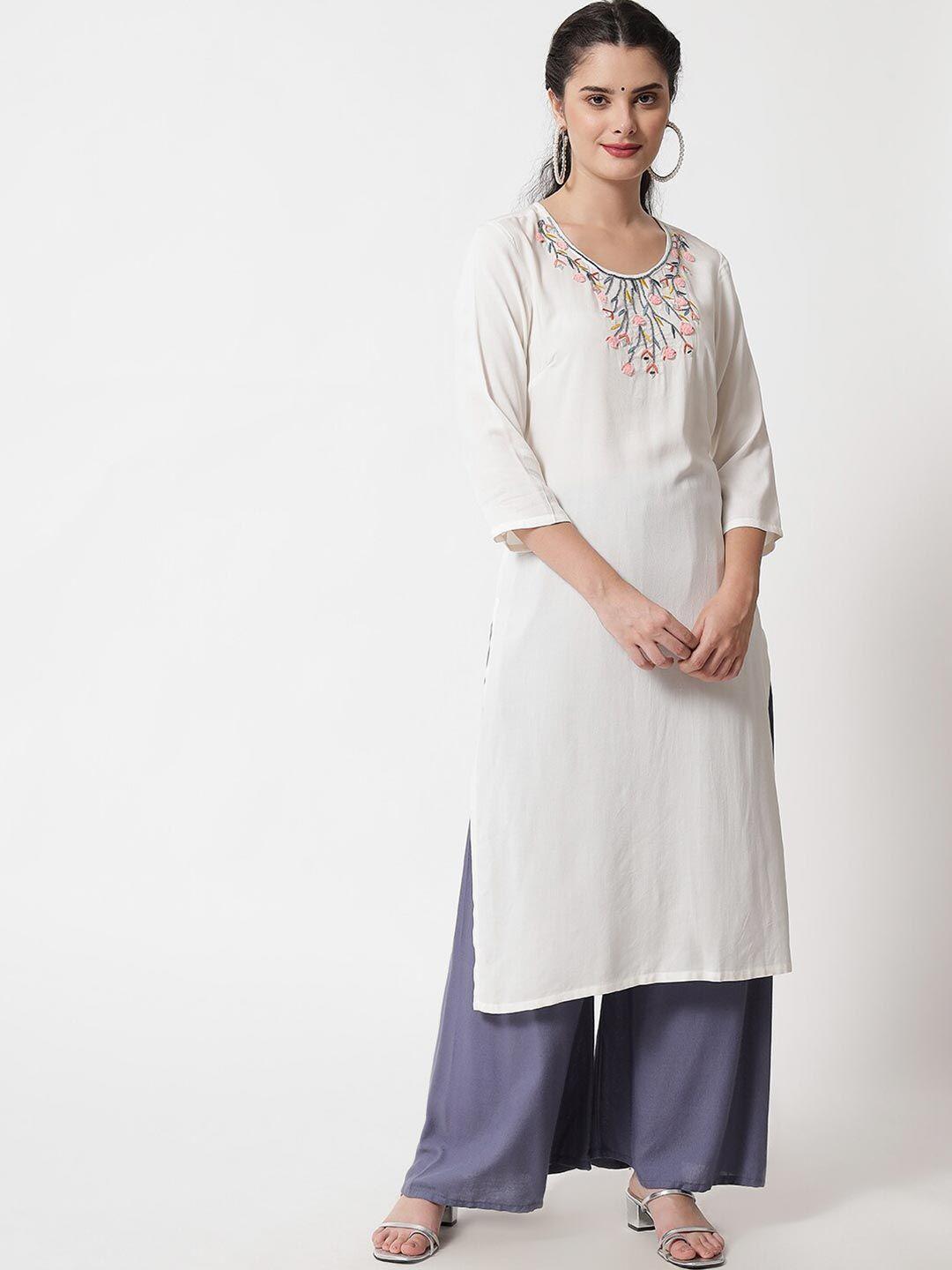 soan white ethnic motifs embroidered v-neck thread work thread work kurti