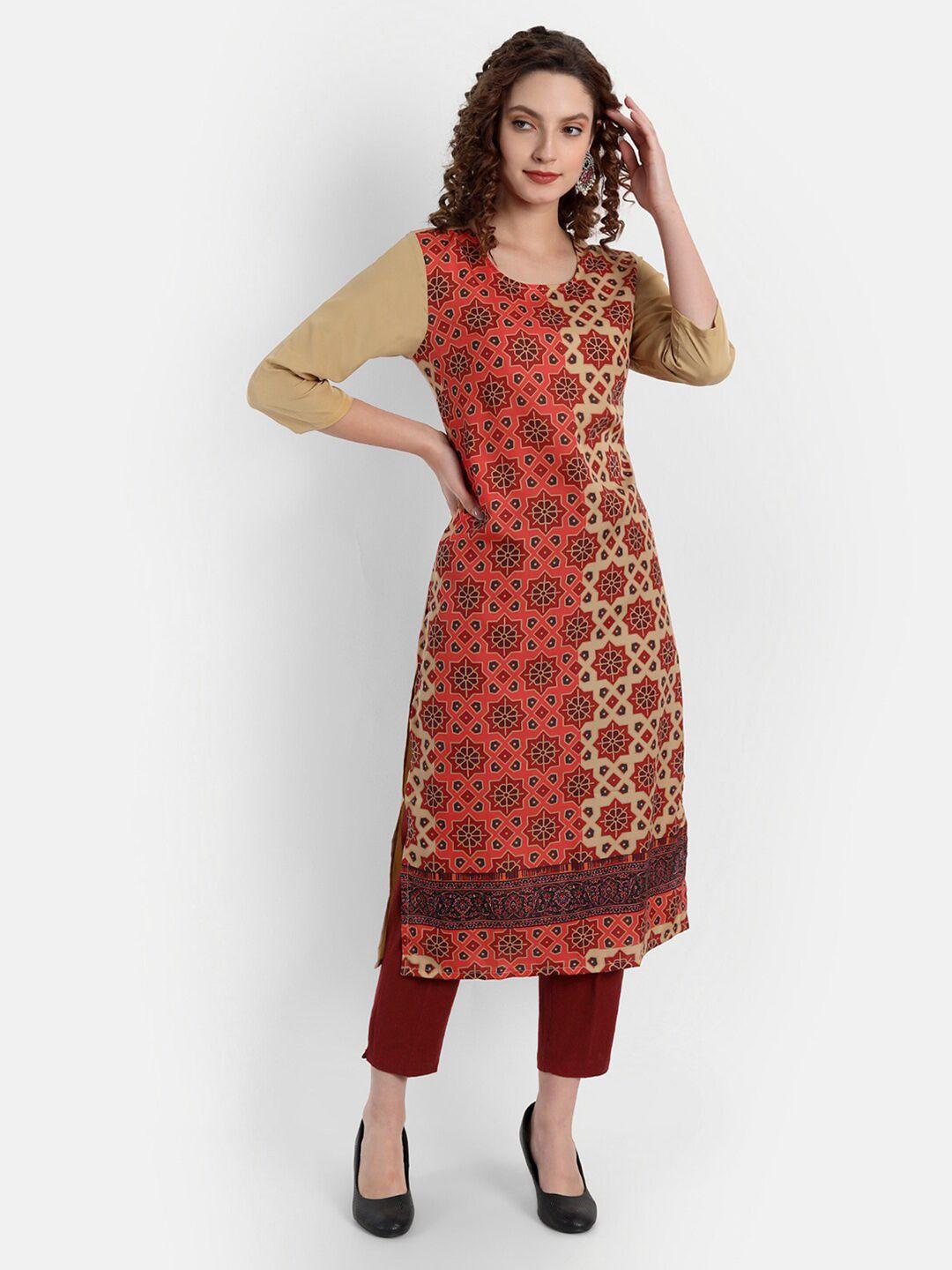 soan women beige & brown geometric printed crepe kurta