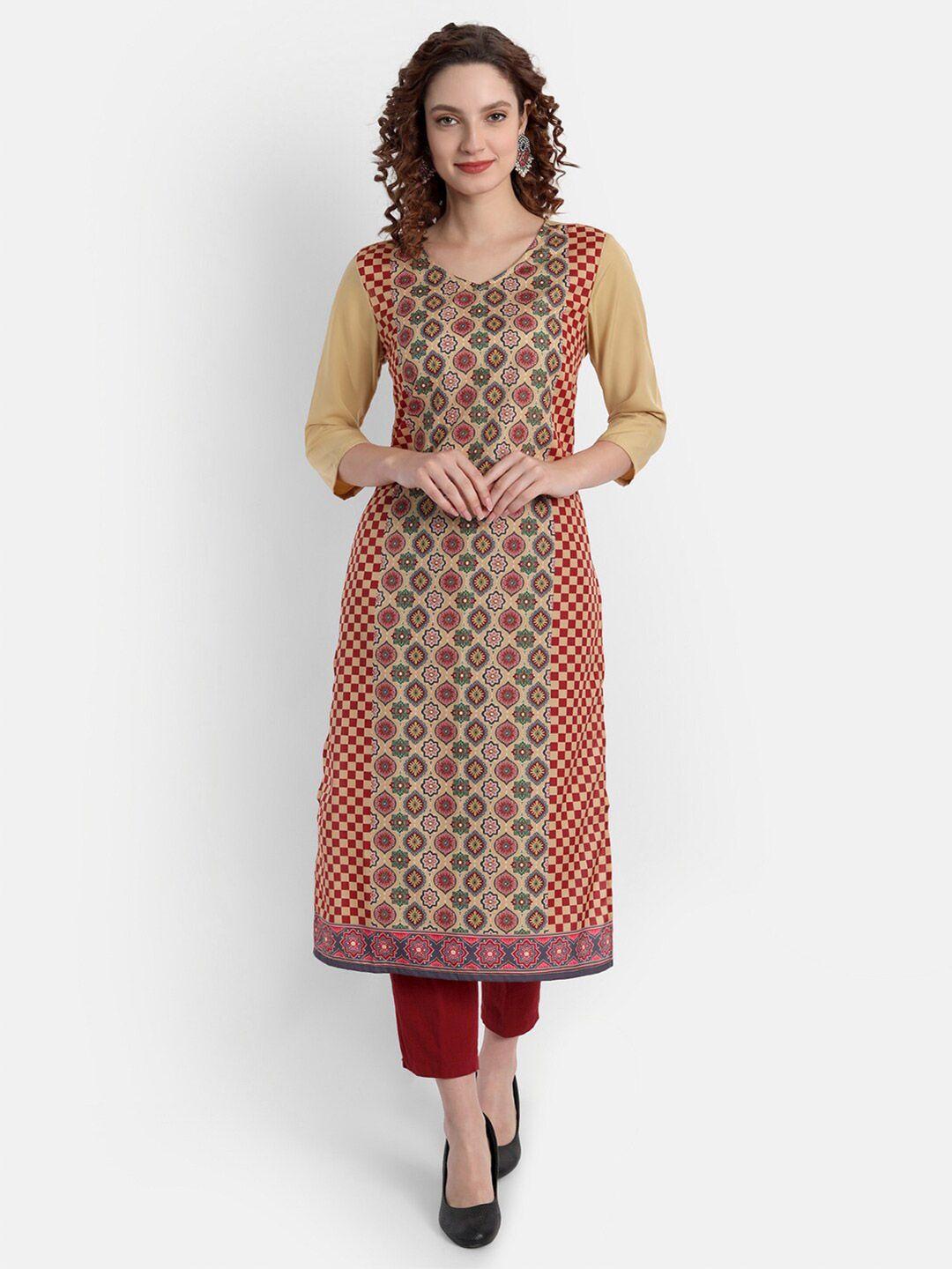 soan women beige & red ethnic motifs printed straight kurta