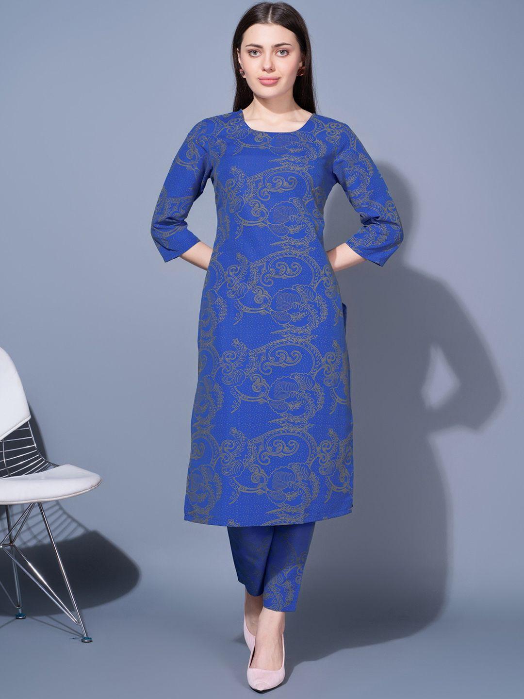 soan women blue floral printed kurti with trousers