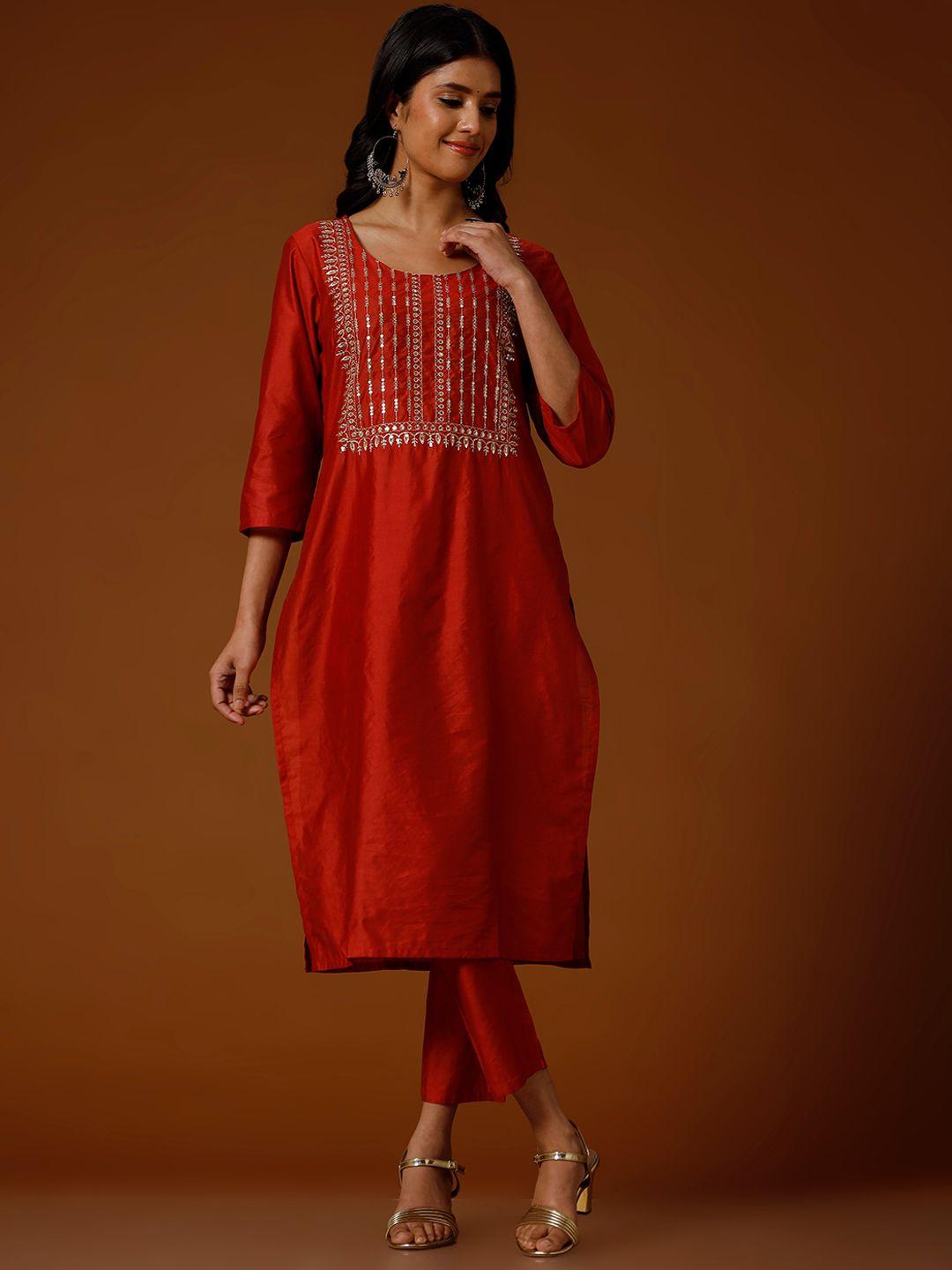 soan women floral yoke design thread work straight kurta with trousers