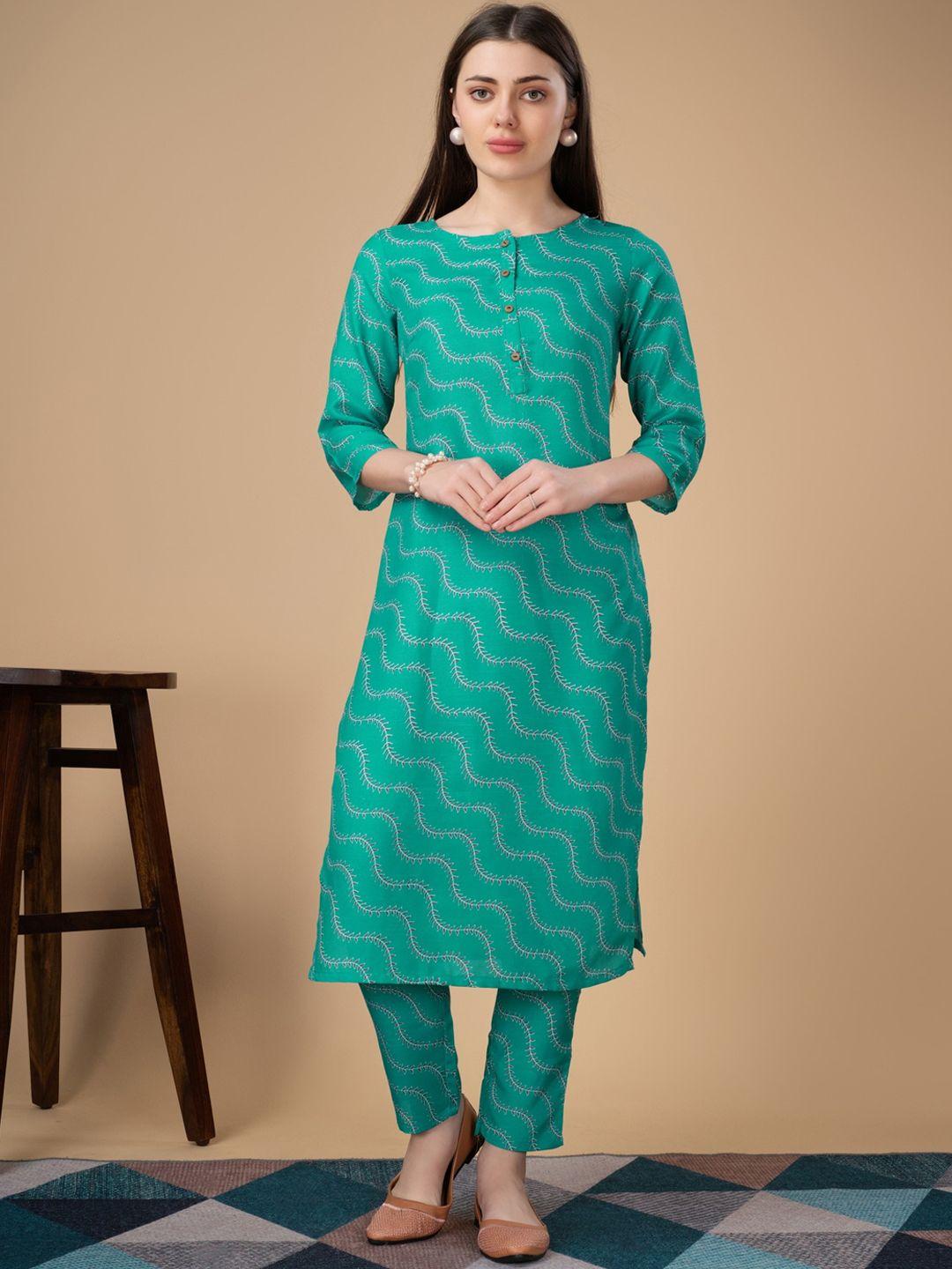 soan women green floral printed kurti with trousers