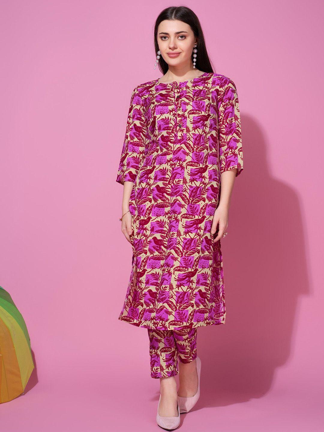 soan women pink floral printed kurti with trousers