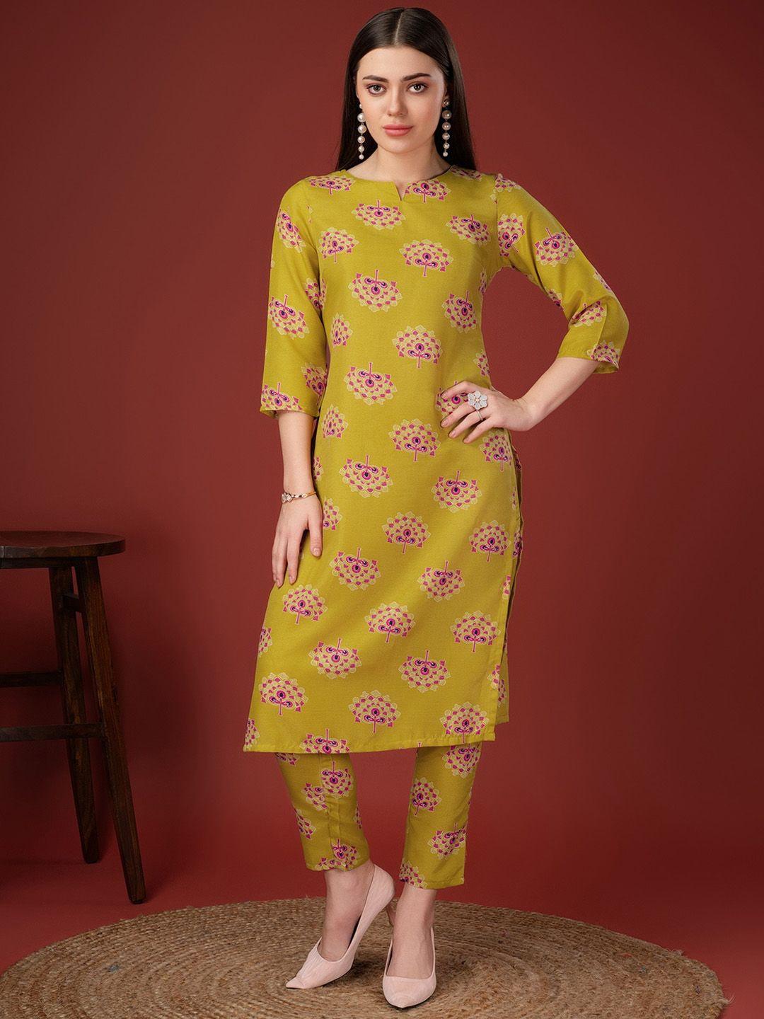 soan women yellow floral printed kurti with trousers