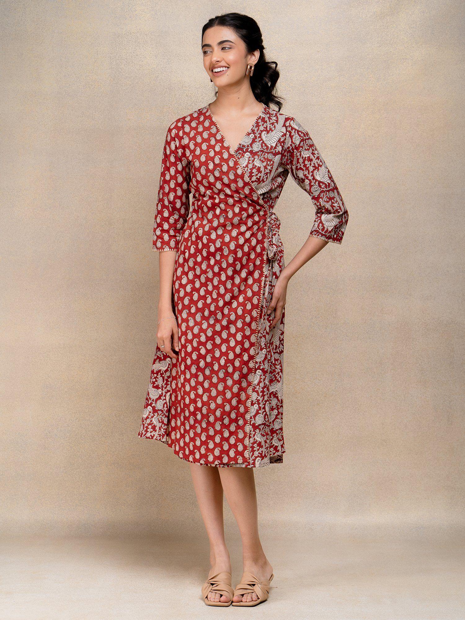 soaring robin handblock printed pure cotton wrap dress