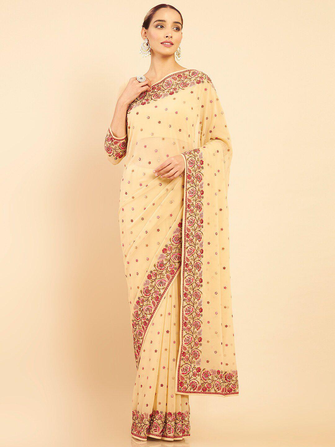 soch beige & maroon floral embroidered pure georgette saree