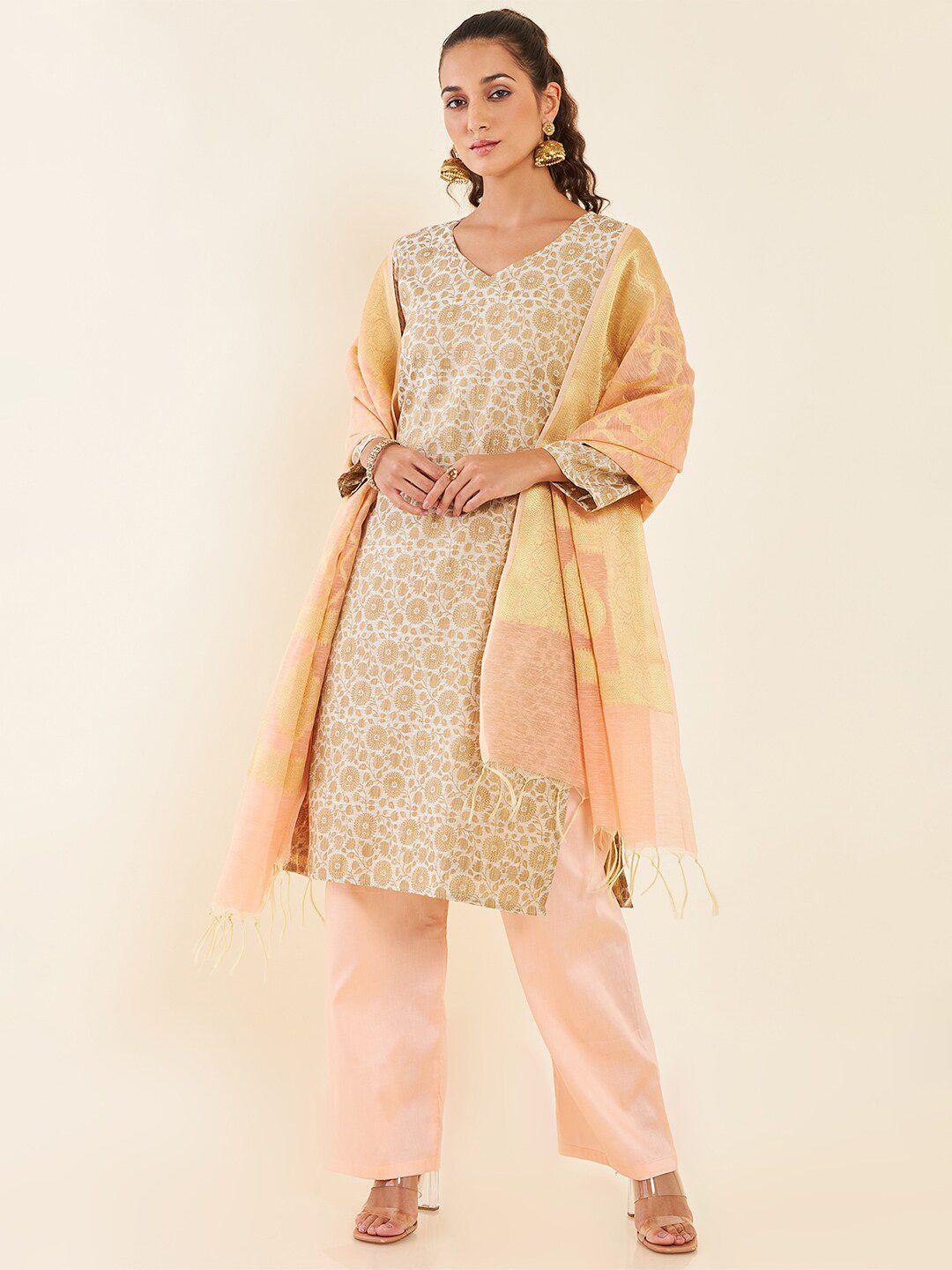 soch beige & peach floral printed unstitched dress material
