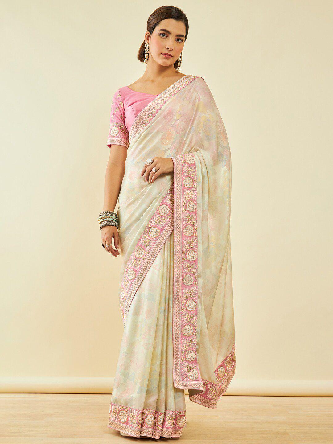 soch beige & pink floral embroidered poly georgette saree