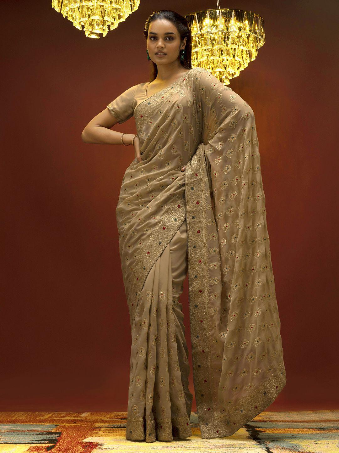 soch beige & red floral embroidered pure georgette saree