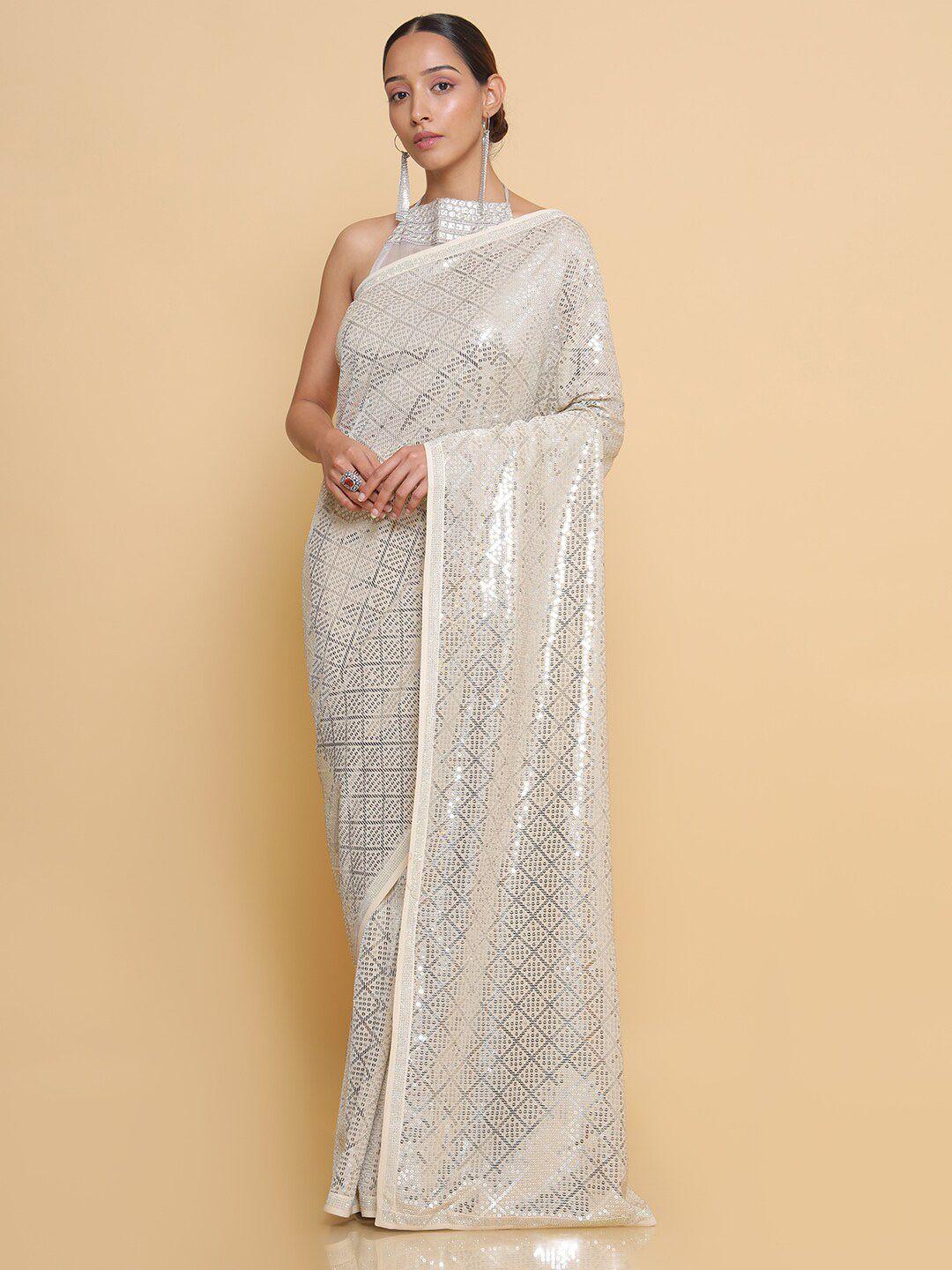 soch beige & silver-toned embellished embroidered pure georgette heavy work saree