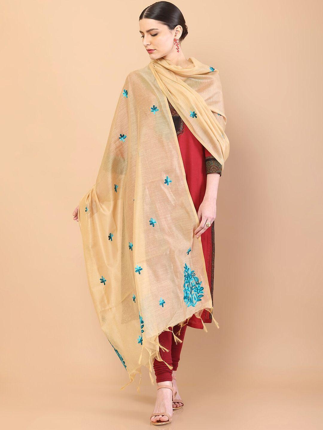 soch beige & turquoise blue floral embroidered pure cotton dupatta