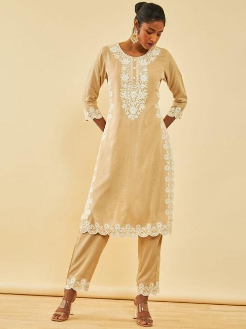 soch beige rayon slub floral embroidered kurta set with sequins
