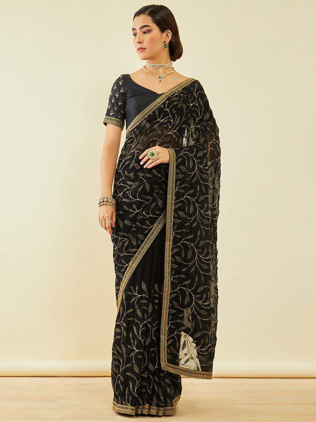 soch black & gold-toned floral embroidered poly georgette saree