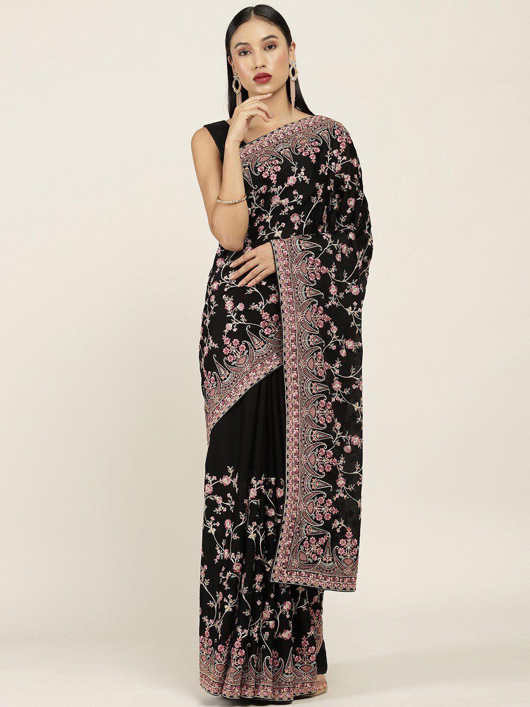 soch black & grey floral embroidered zari saree