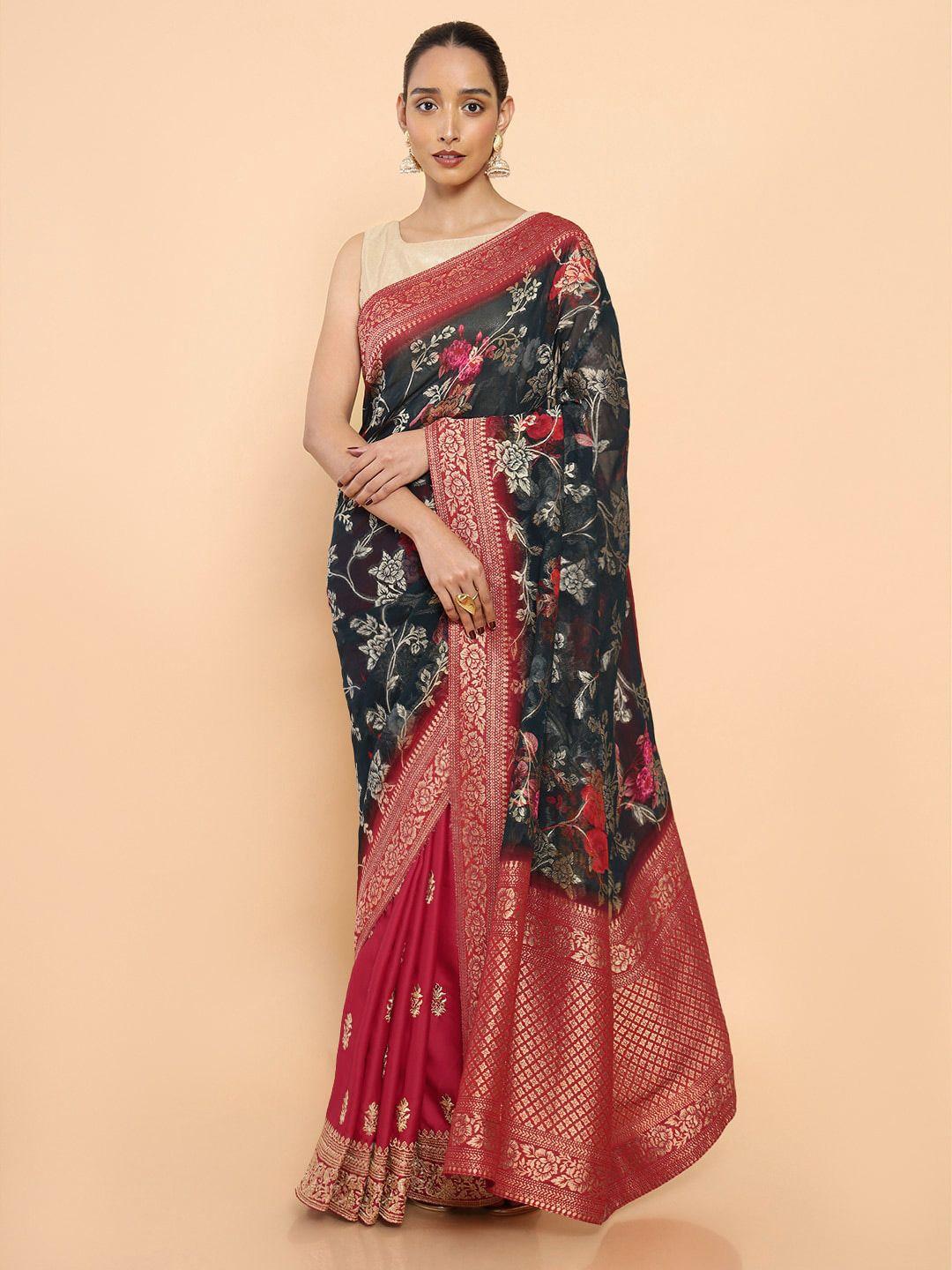 soch black & maroon floral zari pure georgette ready to wear saree