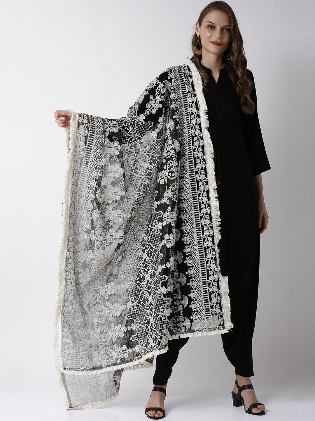 soch black & white embroidered net dupatta