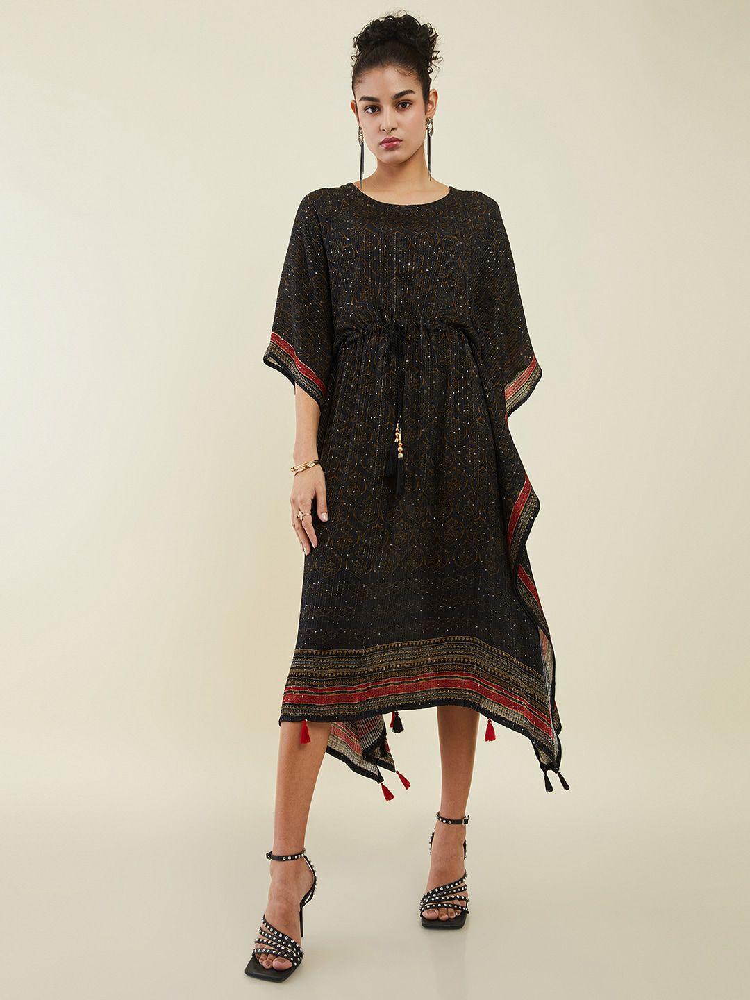 soch black ethnic motifs printed sequined kaftan midi ethnic dress