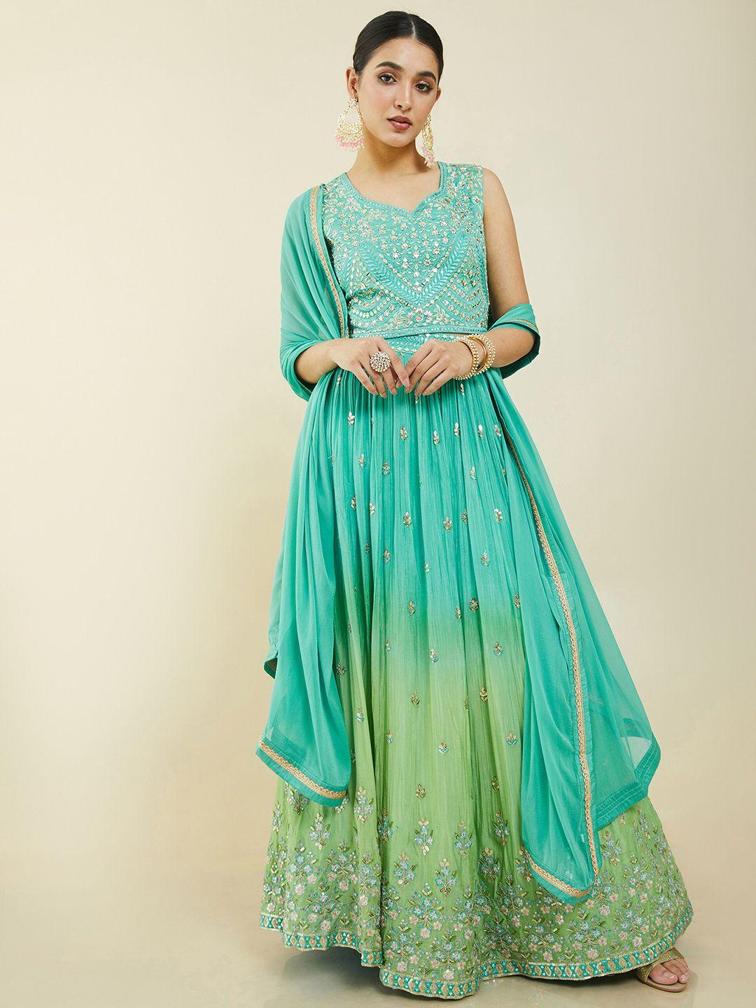 soch blue & green embellished ready to wear lehenga with blouse & dupatta
