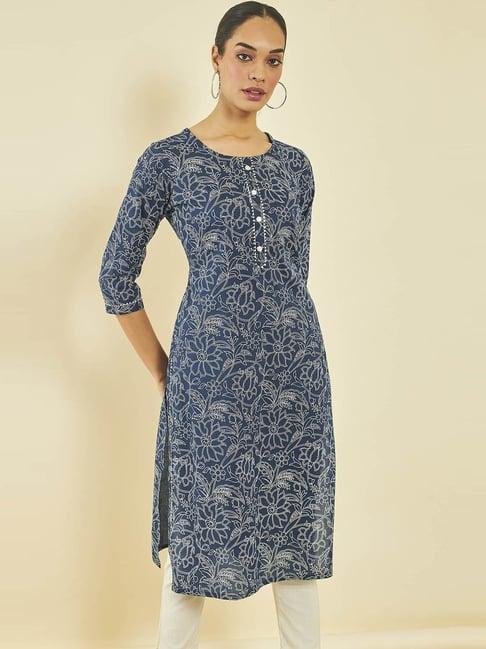 soch blue cotton all-over floral print straight kurta with gota patti details