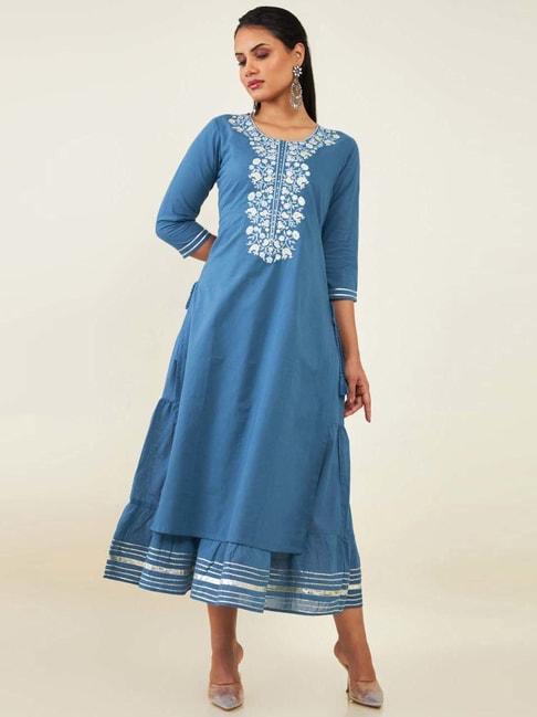 soch blue cotton embroidered a-line dress