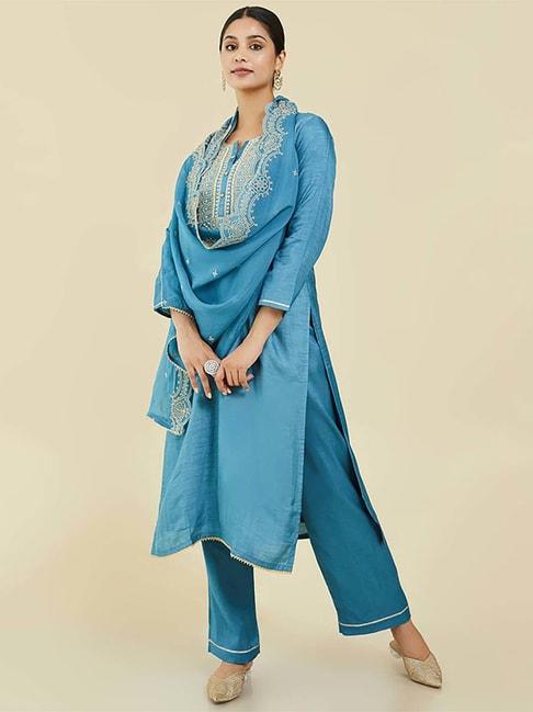 soch blue embroidered dress material