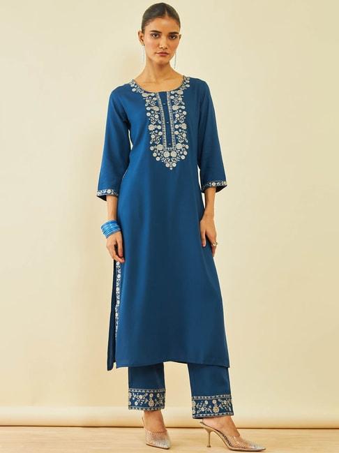 soch blue embroidered kurta pant set