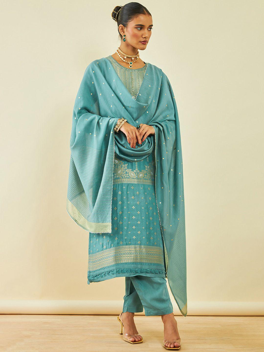 soch blue ethnic motifs printed beads and stones kurta with trousers & dupatta