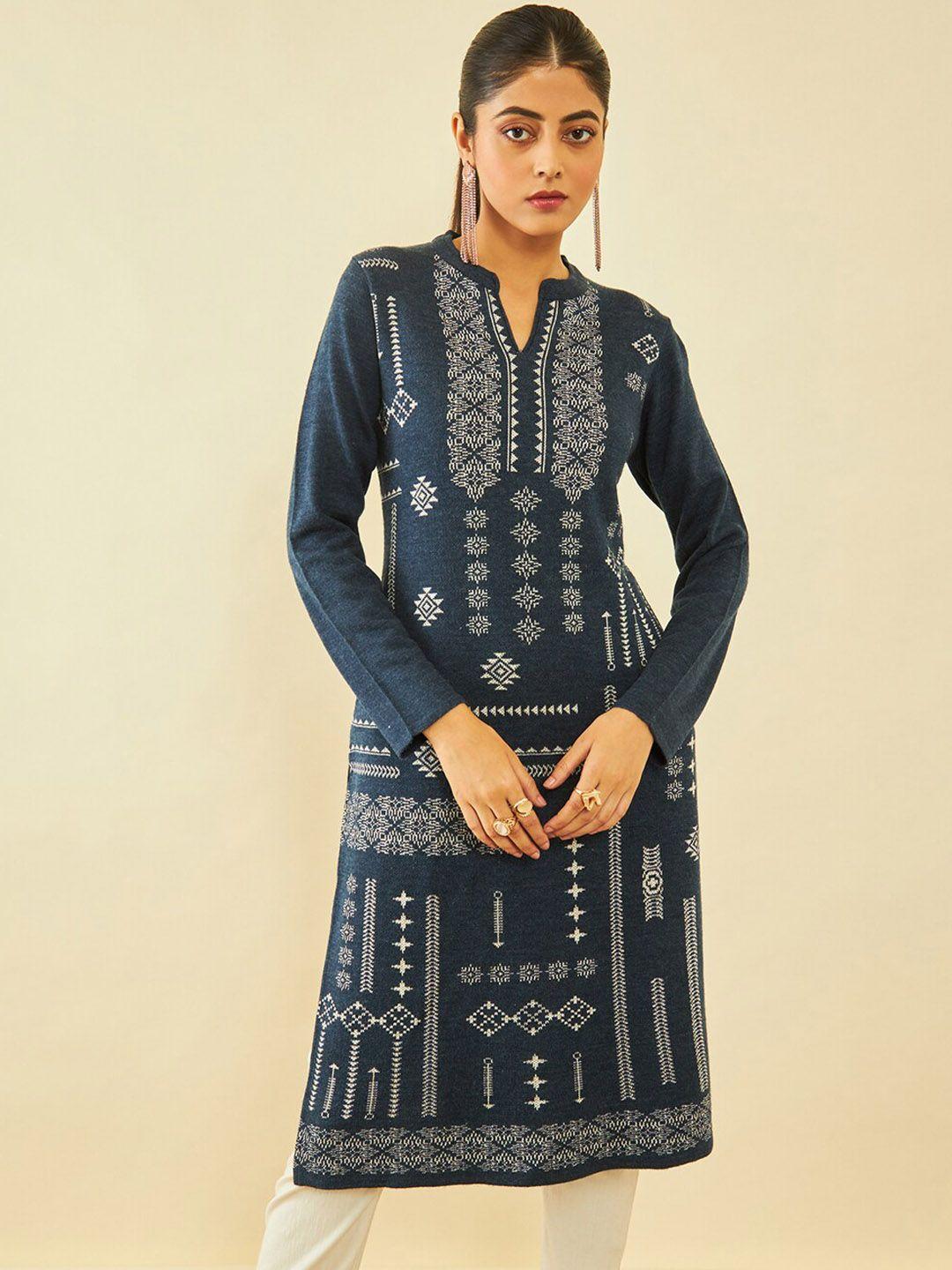 soch blue ethnic motifs self design band collar acrylic winter kurta