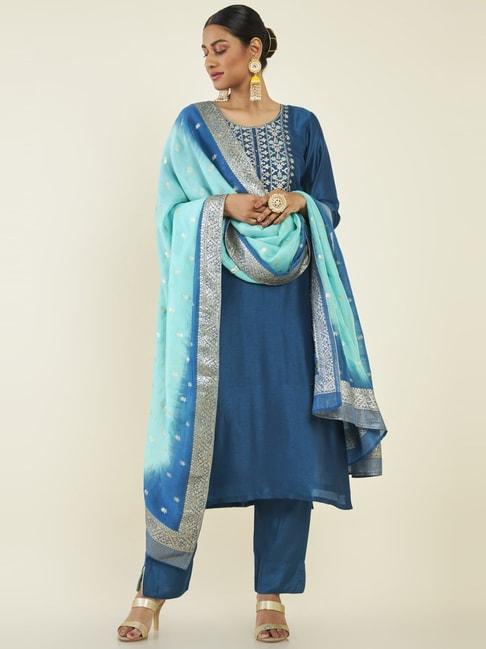 soch blue silk embroidered unstitched dress material with 3 mtr kurta fabric