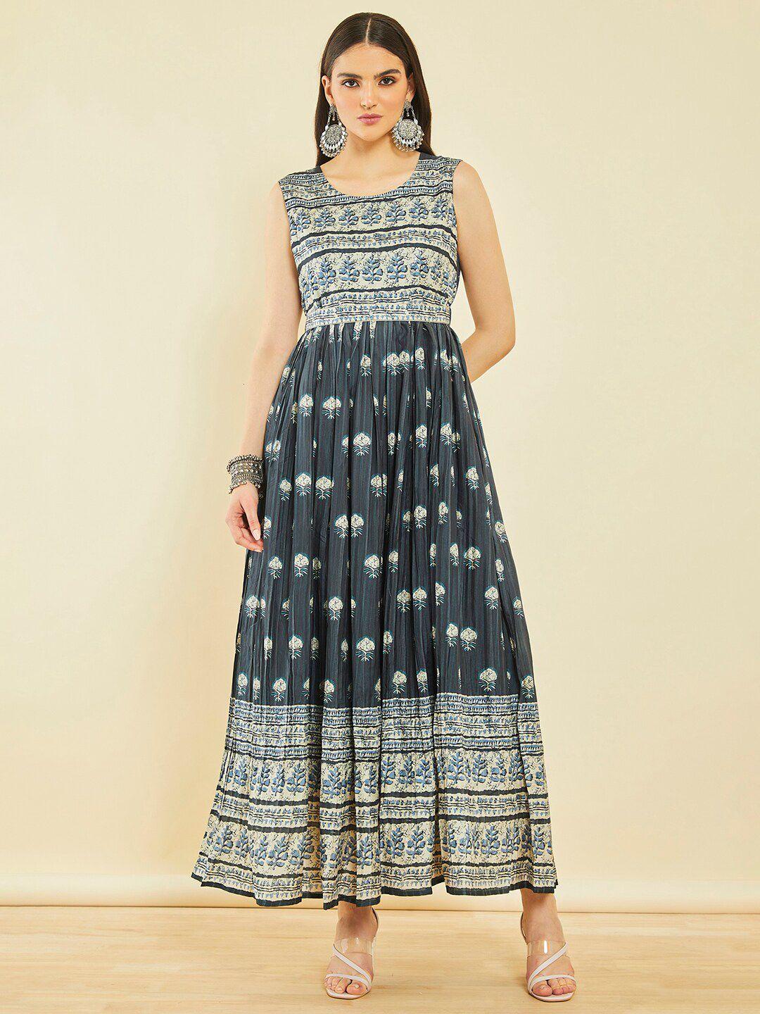 soch charcoal ethnic motifs printed sequined maxi fit & flare ethnic dress